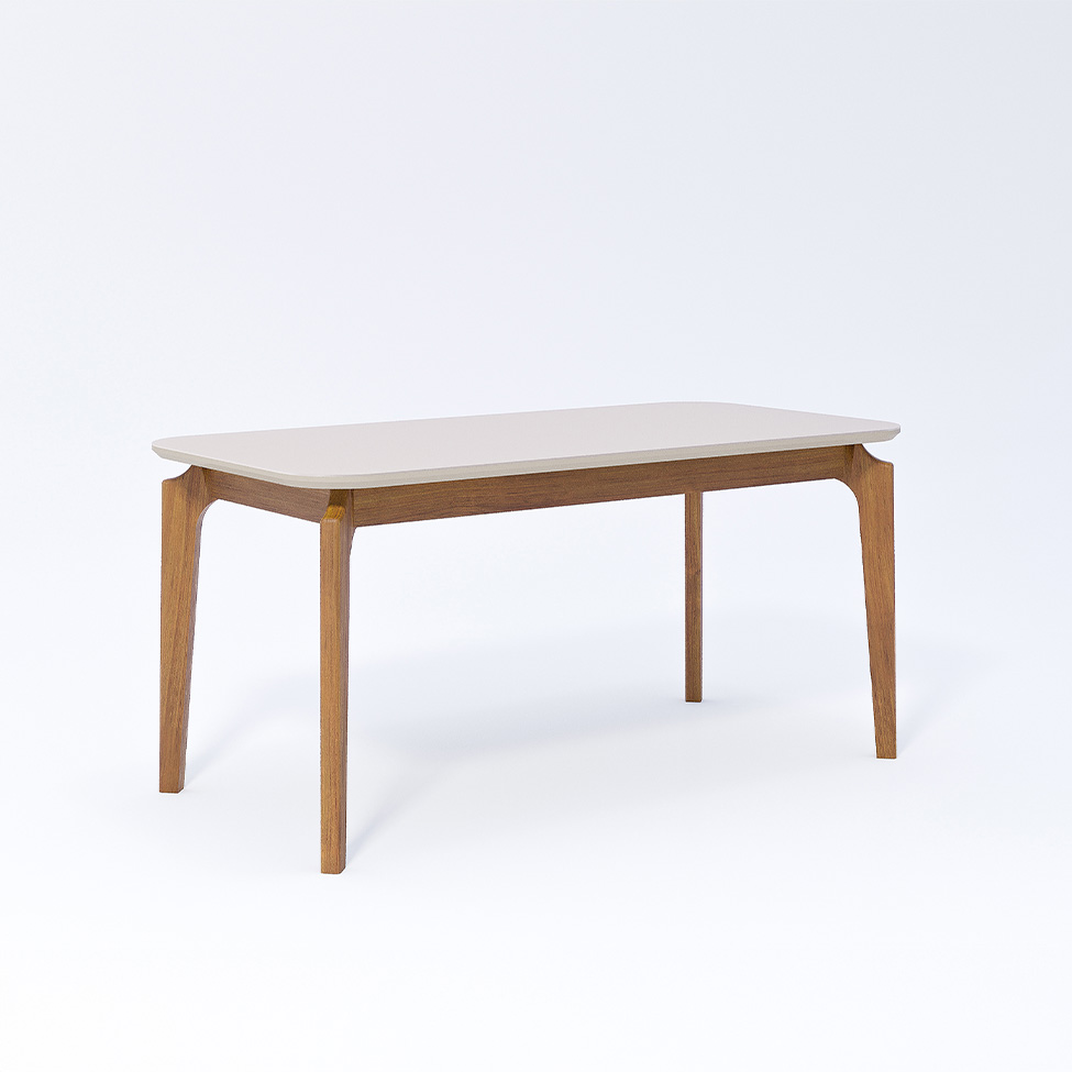 Conjunto de Mesa Retangular com Tampo de Vidro Off White Ficus e 6 Cadeiras Buriti Linho Cru e Madeira 160 cm