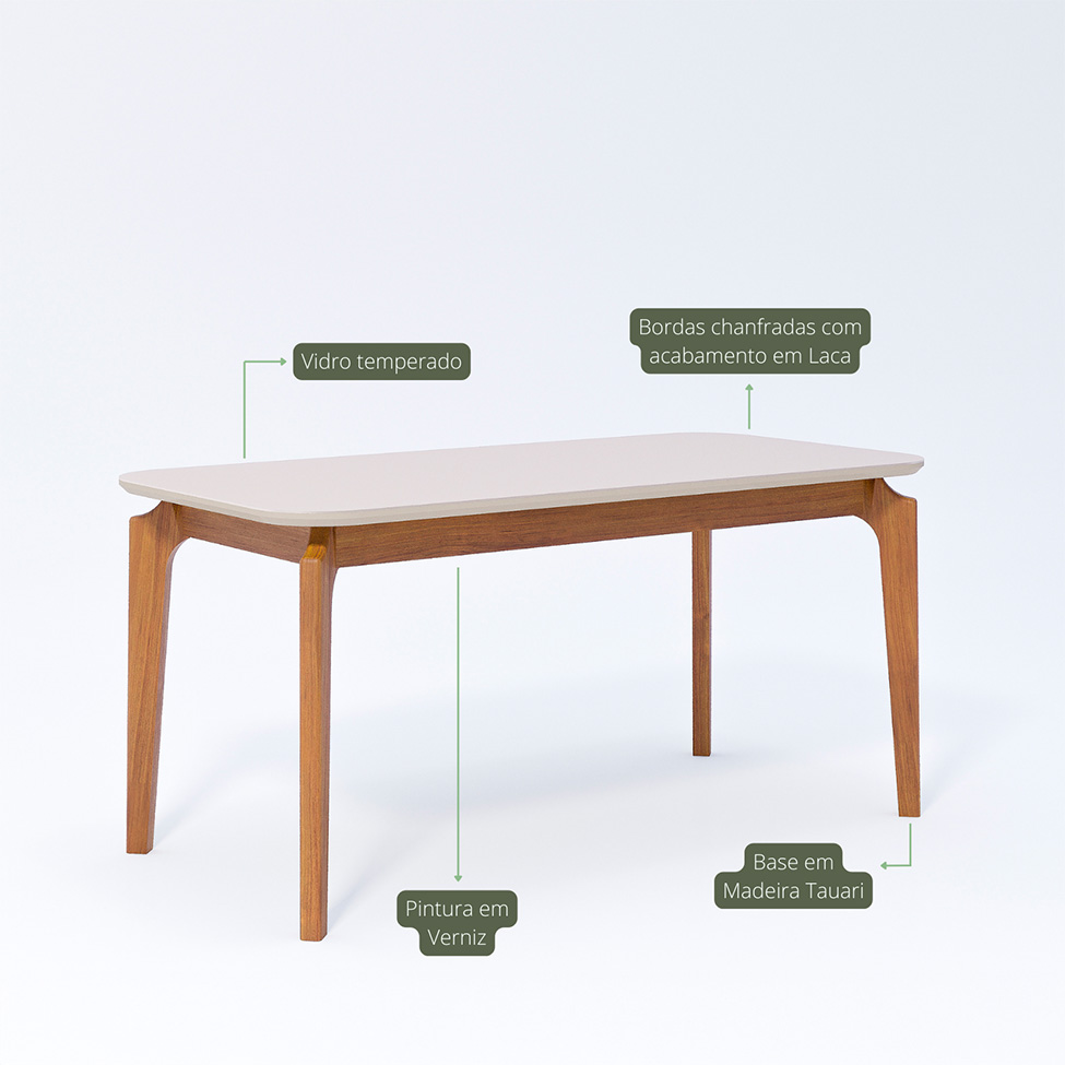Conjunto de Mesa Retangular com Tampo de Vidro Off White Ficus e 6 Cadeiras Buriti Linho Cru e Madeira 160 cm