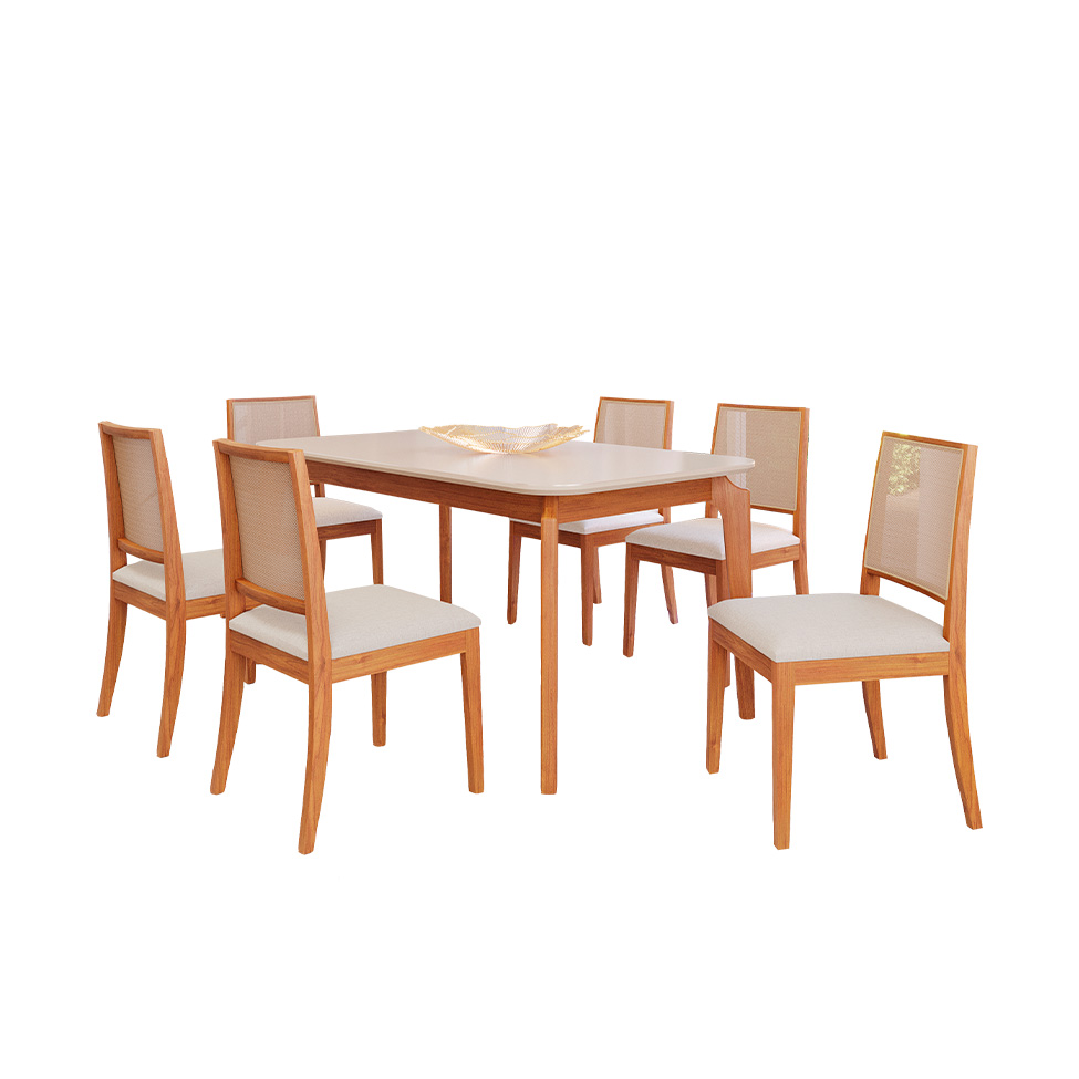 Conjunto de Mesa Retangular com Tampo de Vidro Off White Ficus e 6 Cadeiras Buriti Linho Cru e Madeira 180 cm