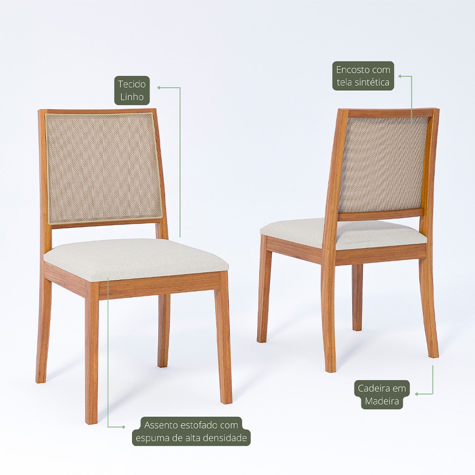 Conjunto de Mesa Retangular com Tampo de Vidro Off White Ficus e 6 Cadeiras Buriti Linho Cru e Madeira 180 cm