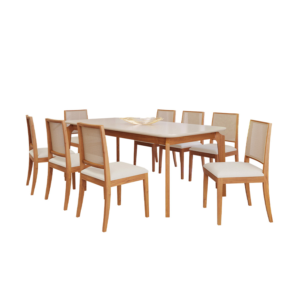 Conjunto de Mesa Retangular com Tampo de Vidro Off White Ficus e 6 Cadeiras Buriti Linho Cru e Madeira 210 cm
