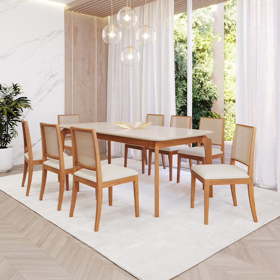 Conjunto de Mesa Retangular com Tampo de Vidro Off White Ficus e 6 Cadeiras Buriti Linho Cru e Madeira 210 cm