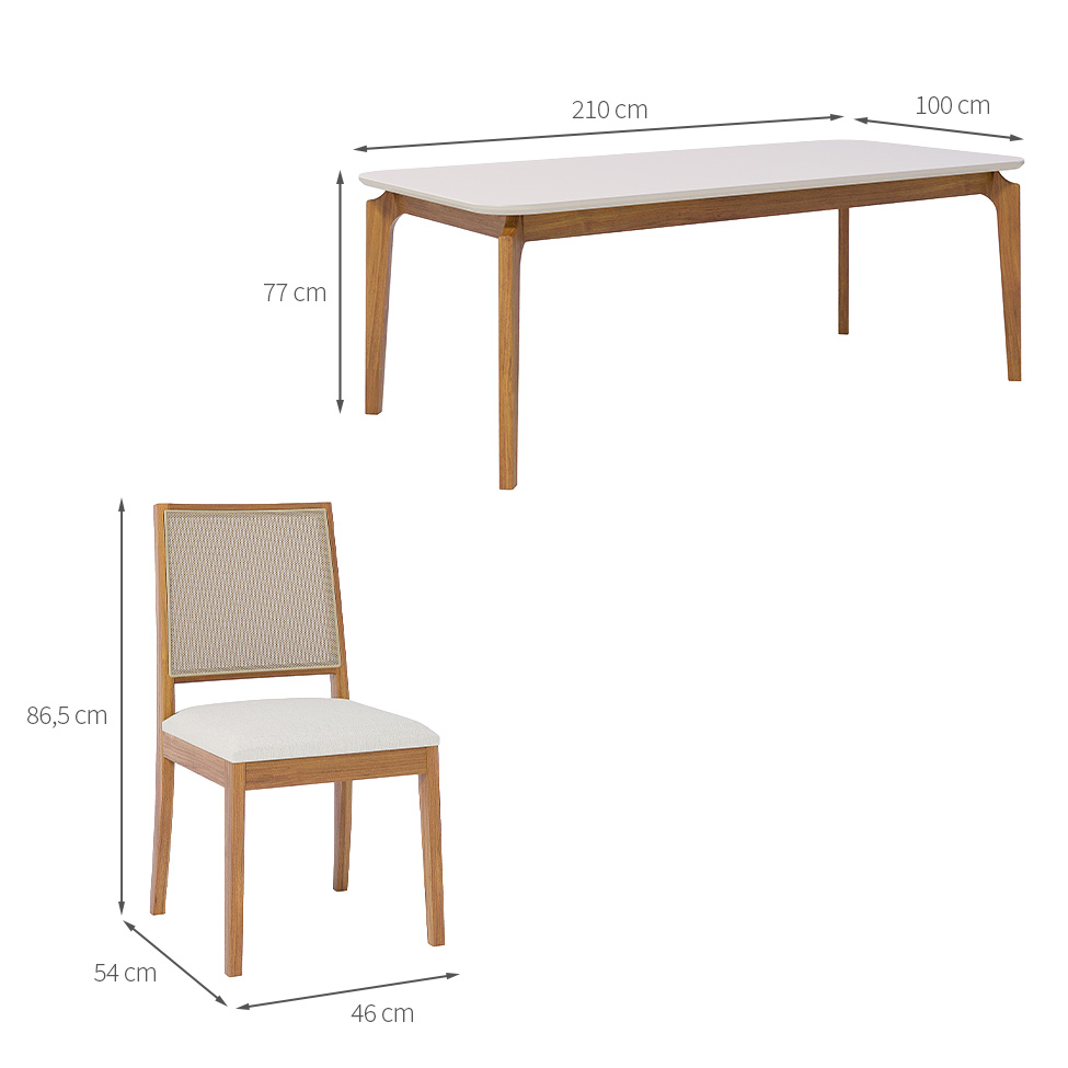 Conjunto de Mesa Retangular com Tampo de Vidro Off White Ficus e 6 Cadeiras Buriti Linho Cru e Madeira 210 cm