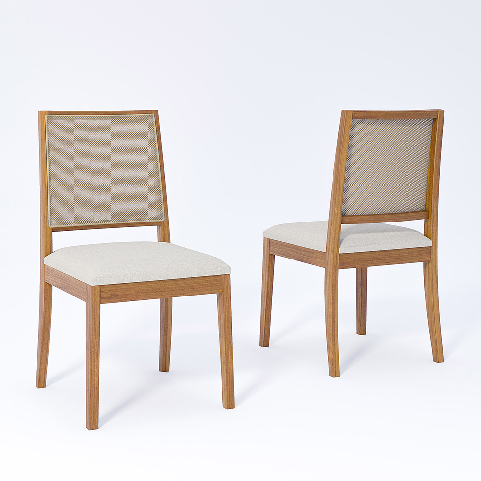 Conjunto de Mesa Retangular com Tampo de Vidro Off White Ficus e 6 Cadeiras Buriti Linho Cru e Madeira 210 cm