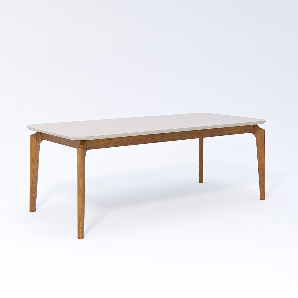 Conjunto de Mesa Retangular com Tampo de Vidro Off White Ficus e 6 Cadeiras Buriti Linho Cru e Madeira 210 cm