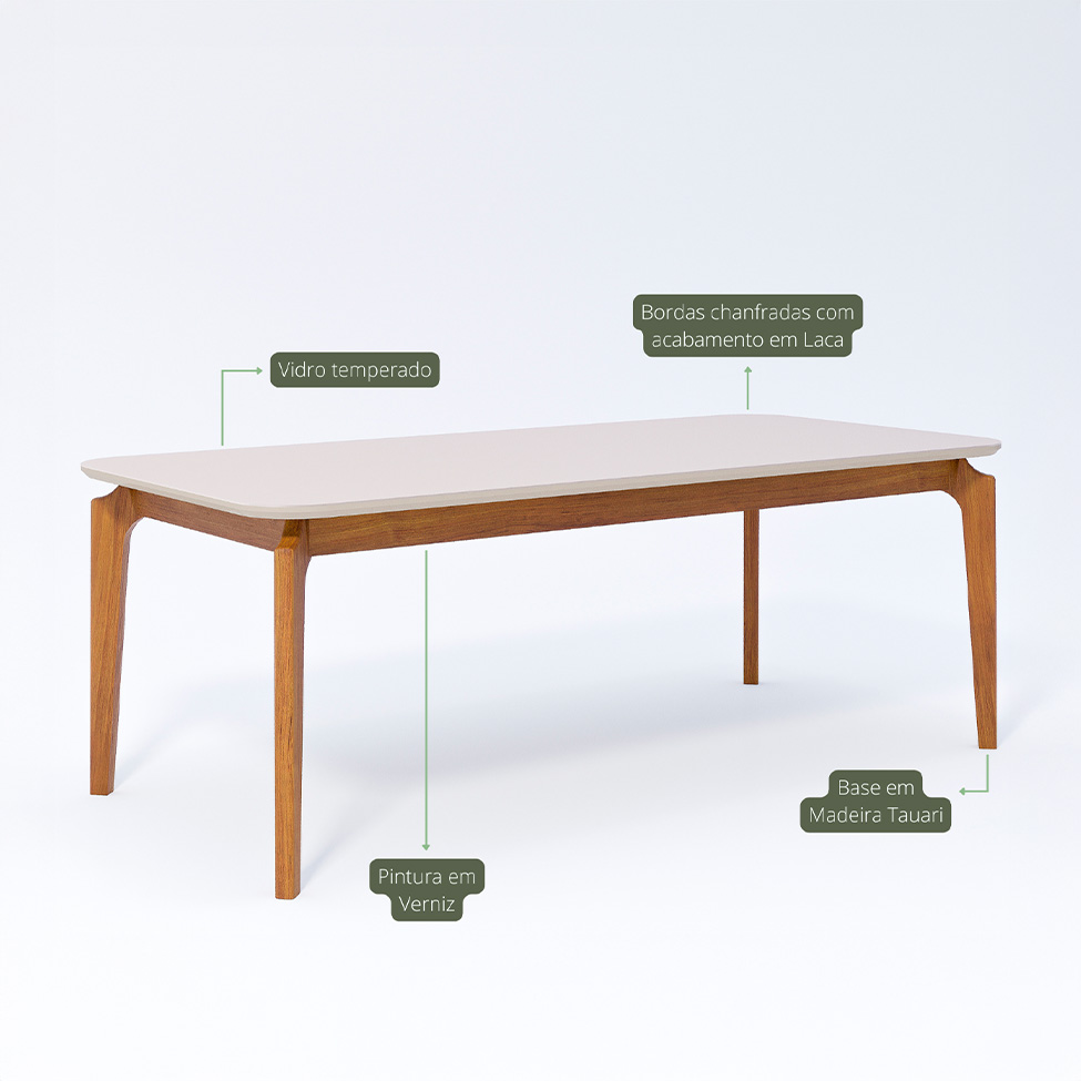 Conjunto de Mesa Retangular com Tampo de Vidro Off White Ficus e 6 Cadeiras Buriti Linho Cru e Madeira 210 cm