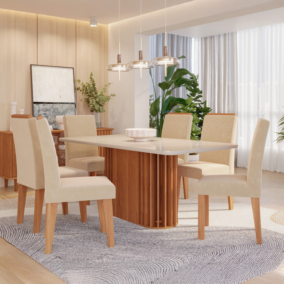 Conjunto de Mesa Retangular com Tampo de Vidro Off White Julieta e 6 Cadeiras Tais e Maia Suede Bege e Amadeirado