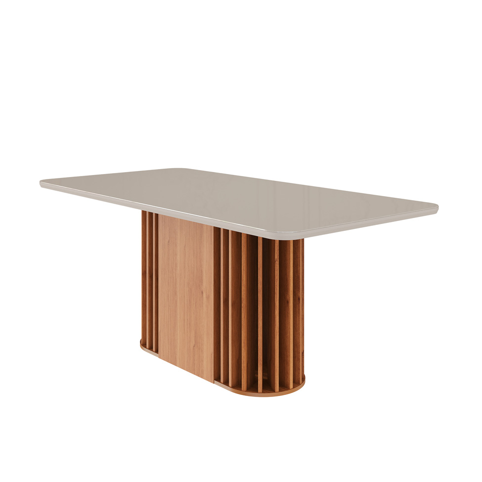 Conjunto de Mesa Retangular com Tampo de Vidro Off White Julieta e 6 Cadeiras Tais e Maia Suede Bege e Amadeirado
