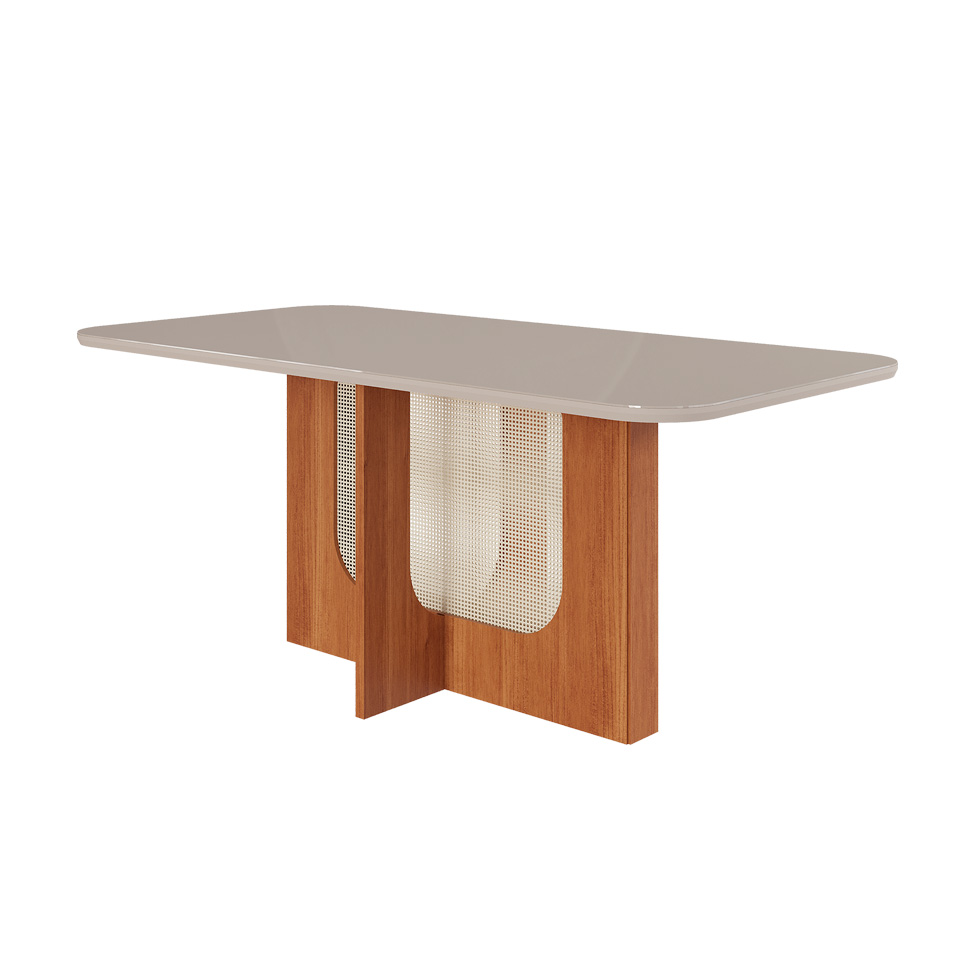 Conjunto de Mesa Retangular com Tampo de Vidro Off White Louise e 6 Cadeiras Tais e Maia Suede Joli e Amadeirado