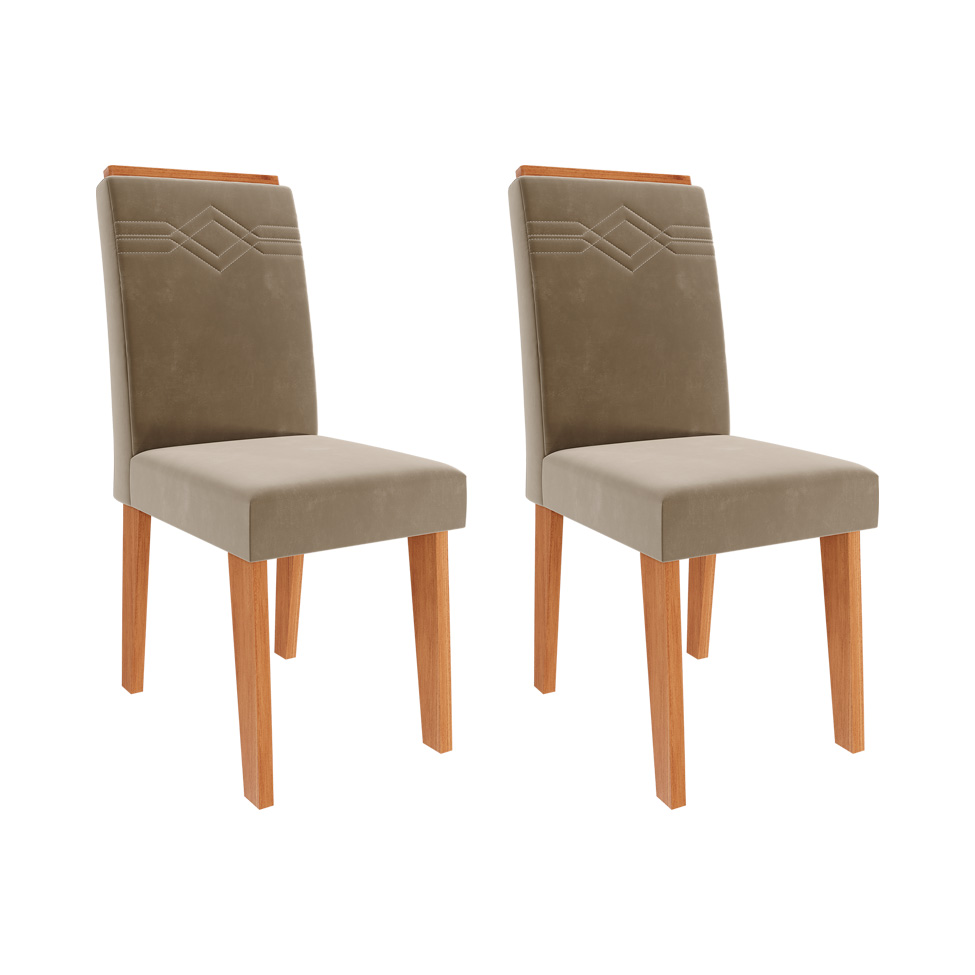 Conjunto de Mesa Retangular com Tampo de Vidro Off White Louise e 6 Cadeiras Tais e Maia Suede Joli e Amadeirado