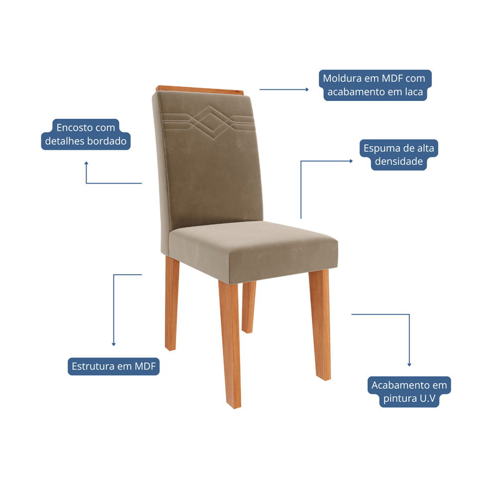 Conjunto de Mesa Retangular com Tampo de Vidro Off White Louise e 6 Cadeiras Tais e Maia Suede Joli e Amadeirado