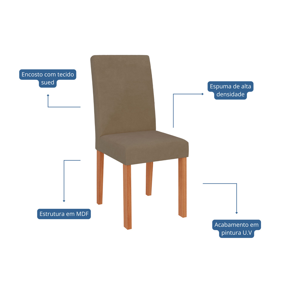 Conjunto de Mesa Retangular com Tampo de Vidro Off White Louise e 6 Cadeiras Tais e Maia Suede Joli e Amadeirado