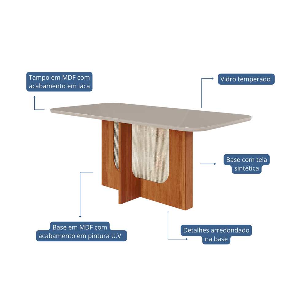 Conjunto de Mesa Retangular com Tampo de Vidro Off White Louise e 6 Cadeiras Tais e Maia Suede Joli e Amadeirado