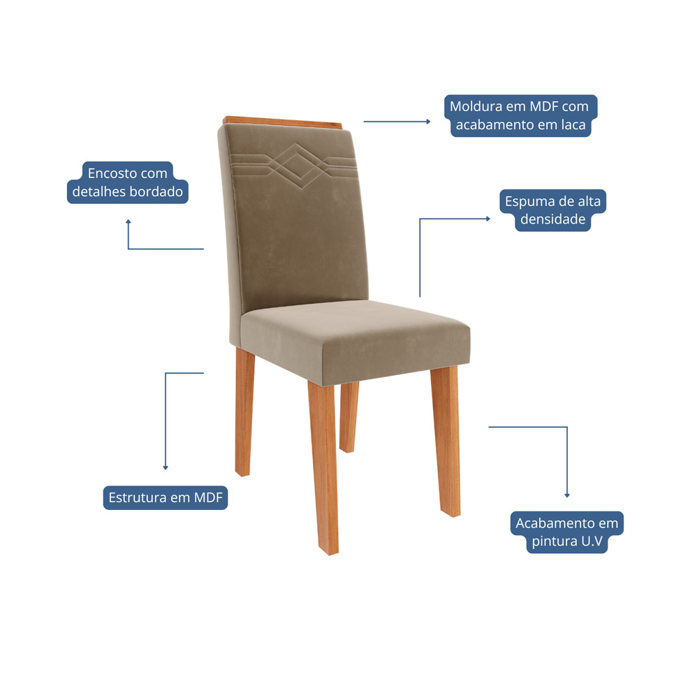 Conjunto de Mesa Retangular com Tampo de Vidro Off White Maitê e 6 Cadeiras Tais e Maia Suede Joli e Amadeirado