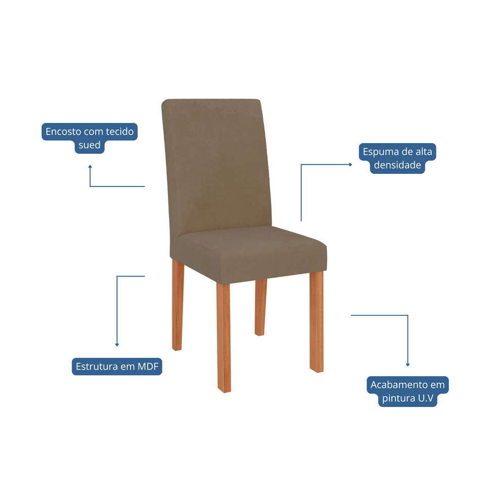 Conjunto de Mesa Retangular com Tampo de Vidro Off White Maitê e 6 Cadeiras Tais e Maia Suede Joli e Amadeirado