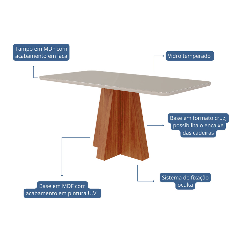 Conjunto de Mesa Retangular com Tampo de Vidro Off White Maitê e 6 Cadeiras Tais e Maia Suede Joli e Amadeirado