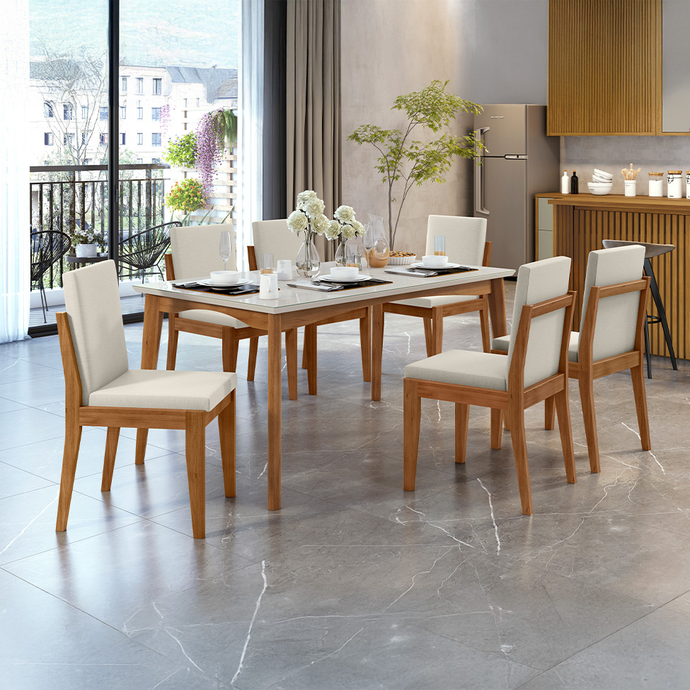 Conjunto de Mesa Retangular com Tampo de Vidro Off White Monalisa e 6 Cadeiras Lady Polipropileno Cru e Natural