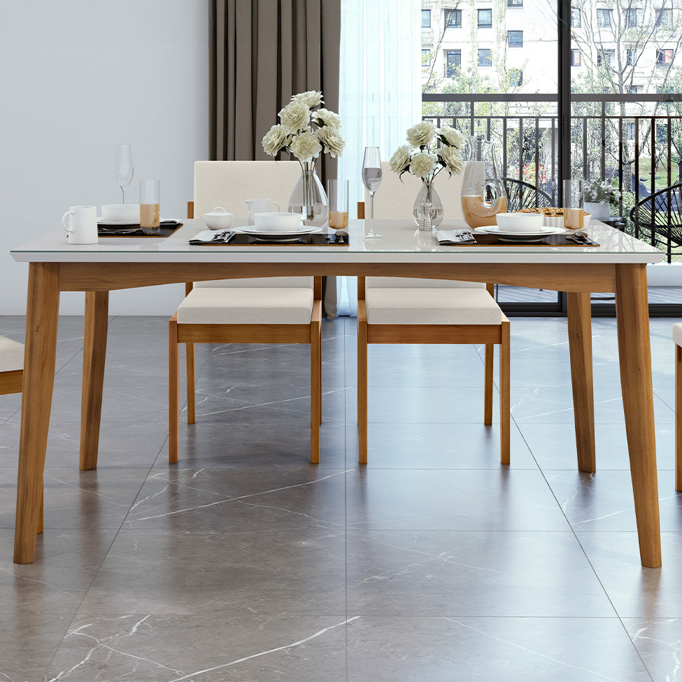 Conjunto de Mesa Retangular com Tampo de Vidro Off White Monalisa e 6 Cadeiras Lady Polipropileno Cru e Natural
