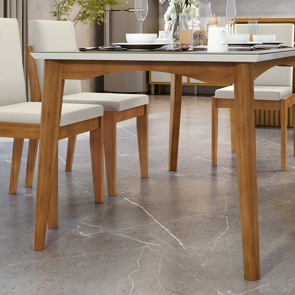 Conjunto de Mesa Retangular com Tampo de Vidro Off White Monalisa e 6 Cadeiras Lady Polipropileno Cru e Natural