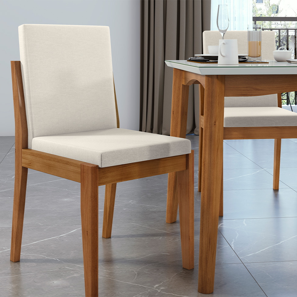 Conjunto de Mesa Retangular com Tampo de Vidro Off White Monalisa e 6 Cadeiras Lady Polipropileno Cru e Natural