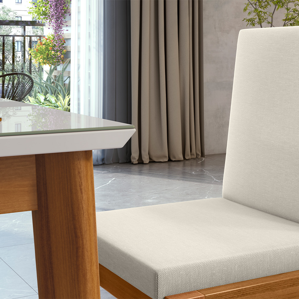 Conjunto de Mesa Retangular com Tampo de Vidro Off White Monalisa e 6 Cadeiras Lady Polipropileno Cru e Natural