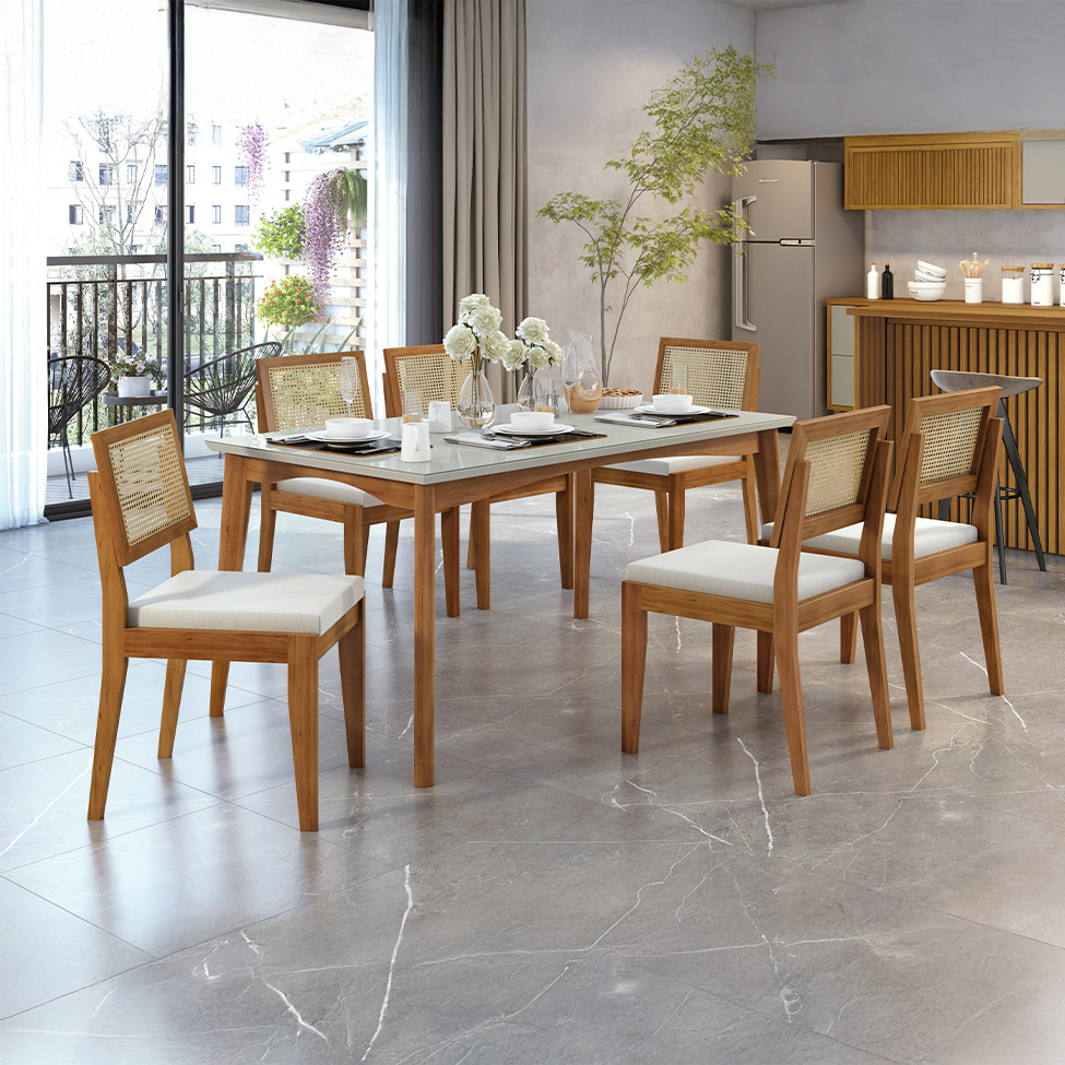 Conjunto de Mesa Retangular com Tampo de Vidro Off White Monalisa e 6 Cadeiras Rainha Polipropileno Cru e Natural