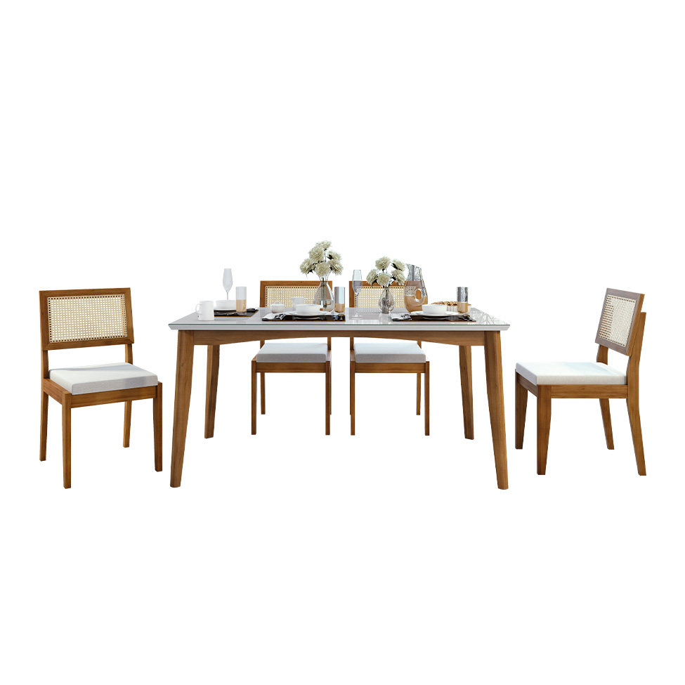 Conjunto de Mesa Retangular com Tampo de Vidro Off White Monalisa e 6 Cadeiras Rainha Polipropileno Cru e Natural