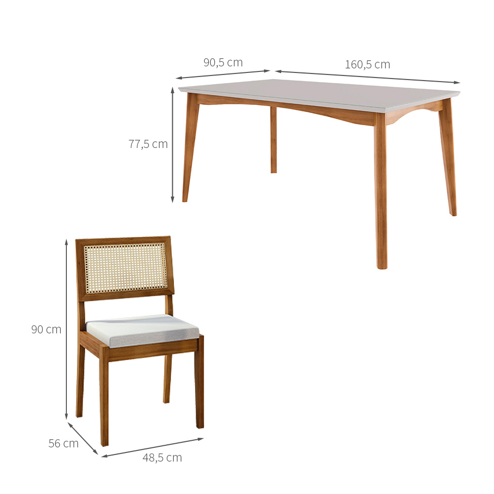 Conjunto de Mesa Retangular com Tampo de Vidro Off White Monalisa e 6 Cadeiras Rainha Polipropileno Cru e Natural