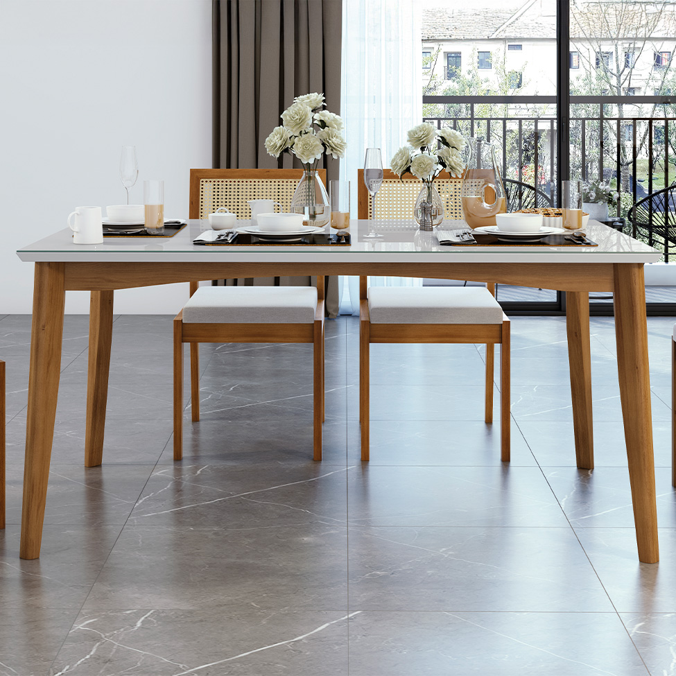 Conjunto de Mesa Retangular com Tampo de Vidro Off White Monalisa e 6 Cadeiras Rainha Polipropileno Cru e Natural