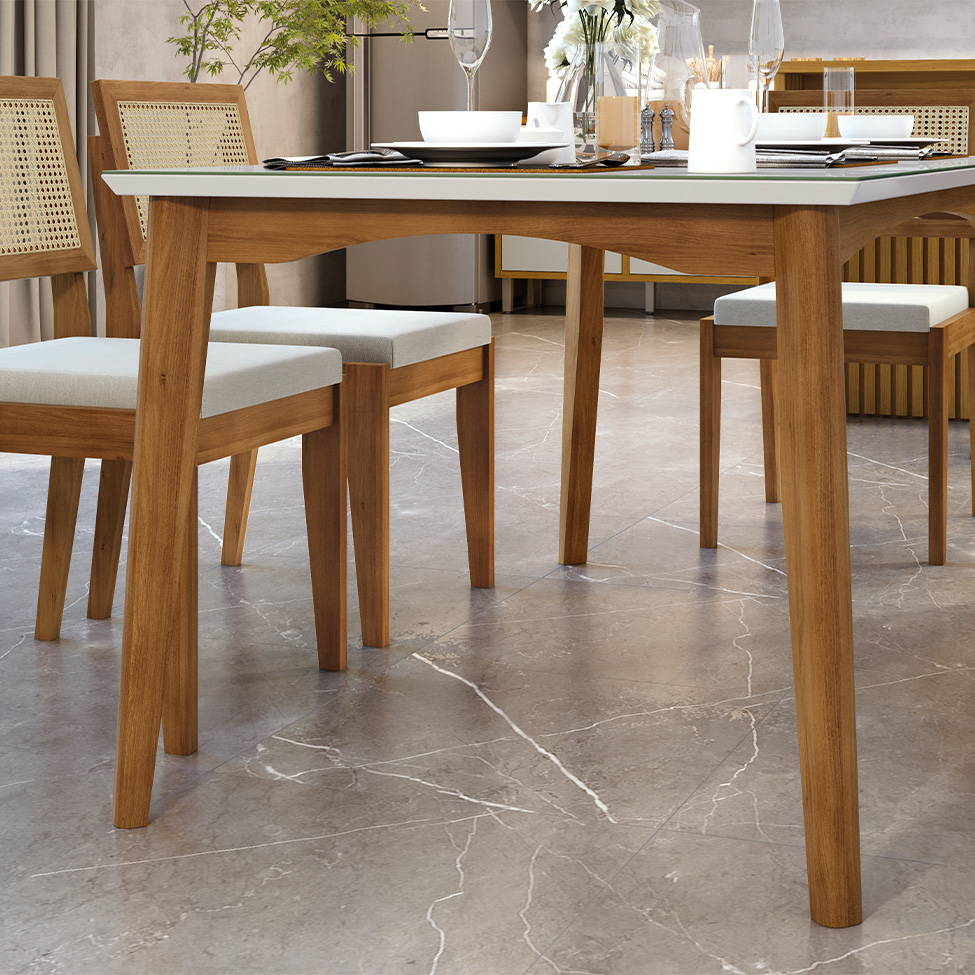 Conjunto de Mesa Retangular com Tampo de Vidro Off White Monalisa e 6 Cadeiras Rainha Polipropileno Cru e Natural