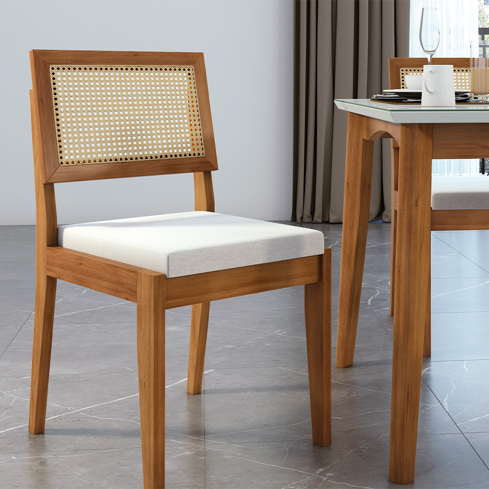 Conjunto de Mesa Retangular com Tampo de Vidro Off White Monalisa e 6 Cadeiras Rainha Polipropileno Cru e Natural