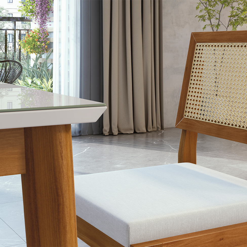 Conjunto de Mesa Retangular com Tampo de Vidro Off White Monalisa e 6 Cadeiras Rainha Polipropileno Cru e Natural