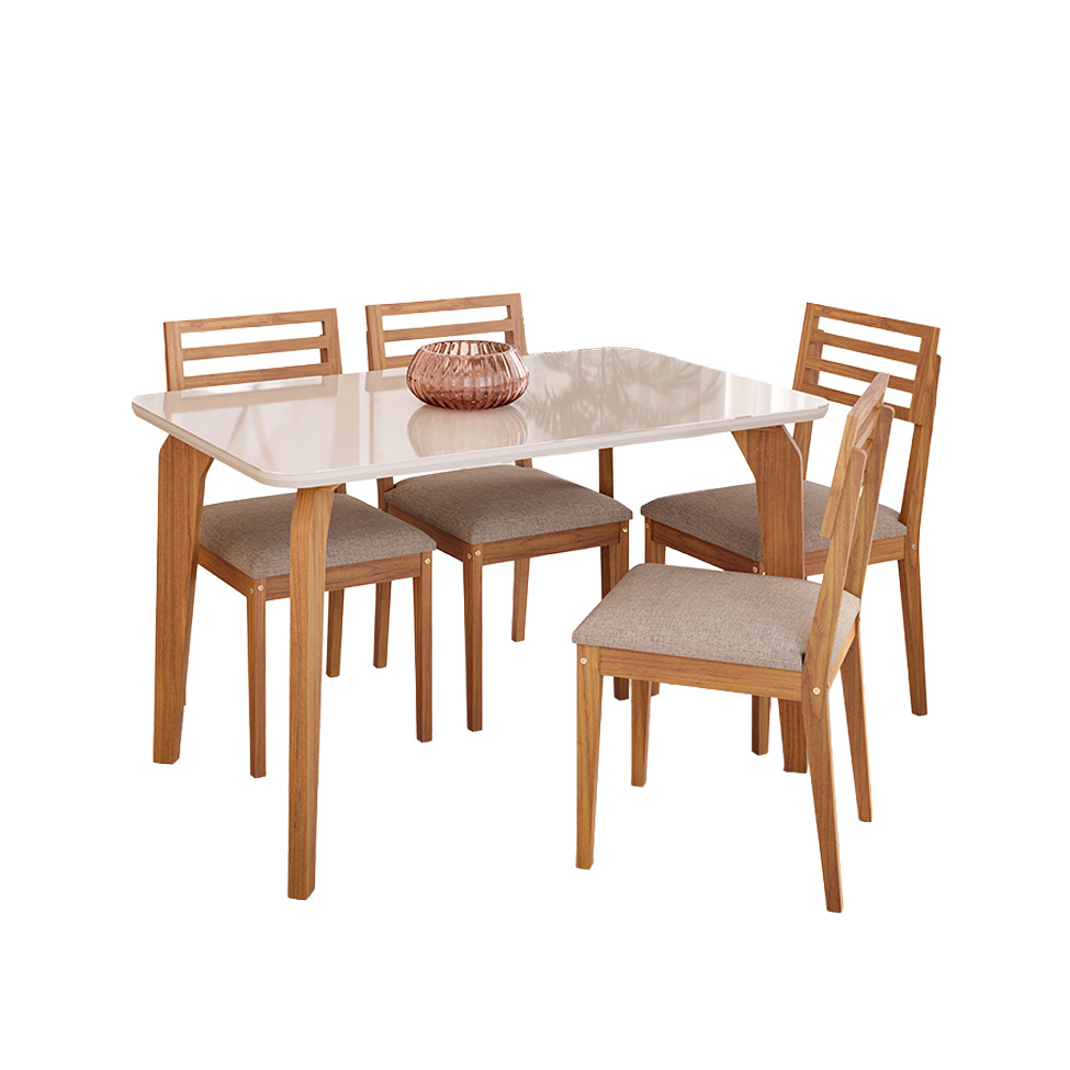 Conjunto de Mesa Retangular com Tampo de Vidro Off White Papaia e 4 Cadeiras Juparanã Linho Bege e Cinamomo
