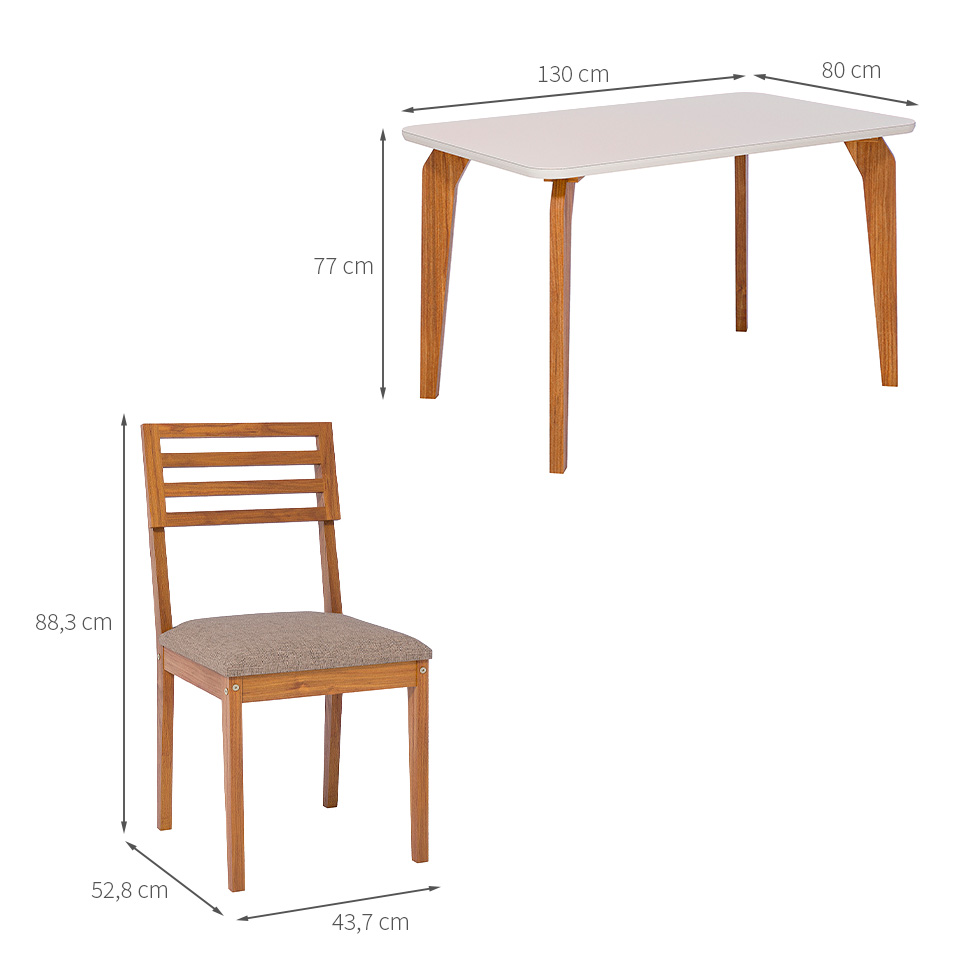 Conjunto de Mesa Retangular com Tampo de Vidro Off White Papaia e 4 Cadeiras Juparanã Linho Bege e Cinamomo