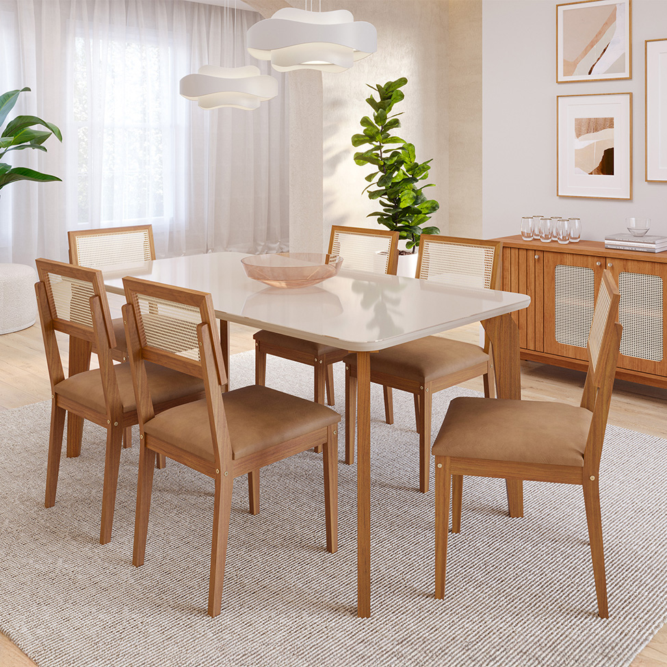 Conjunto de Mesa Retangular com Tampo de Vidro Off White Papaia e 6 Cadeiras Palmas Revestimento Sintético Marrom e Cinamomo