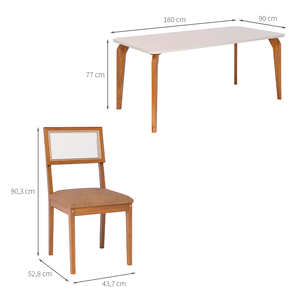 Conjunto de Mesa Retangular com Tampo de Vidro Off White Papaia e 6 Cadeiras Palmas Revestimento Sintético Marrom e Cinamomo