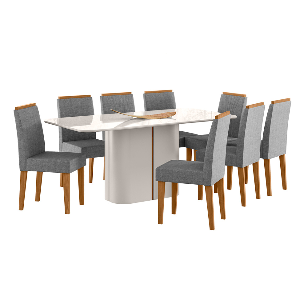 Conjunto de Mesa Retangular com Tampo de Vidro Off White Serena e 8 Cadeiras Cecília Poliéster Cinza e Ypê