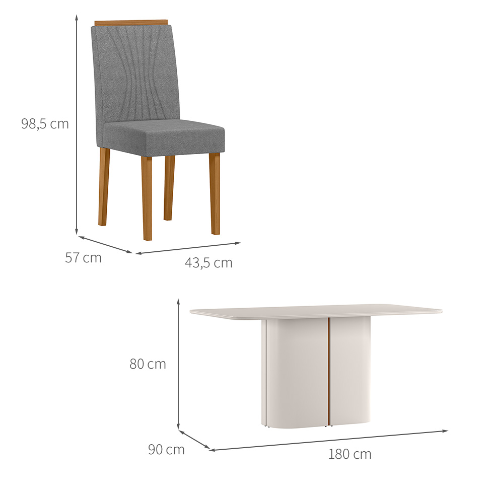 Conjunto de Mesa Retangular com Tampo de Vidro Off White Serena e 8 Cadeiras Cecília Poliéster Cinza e Ypê