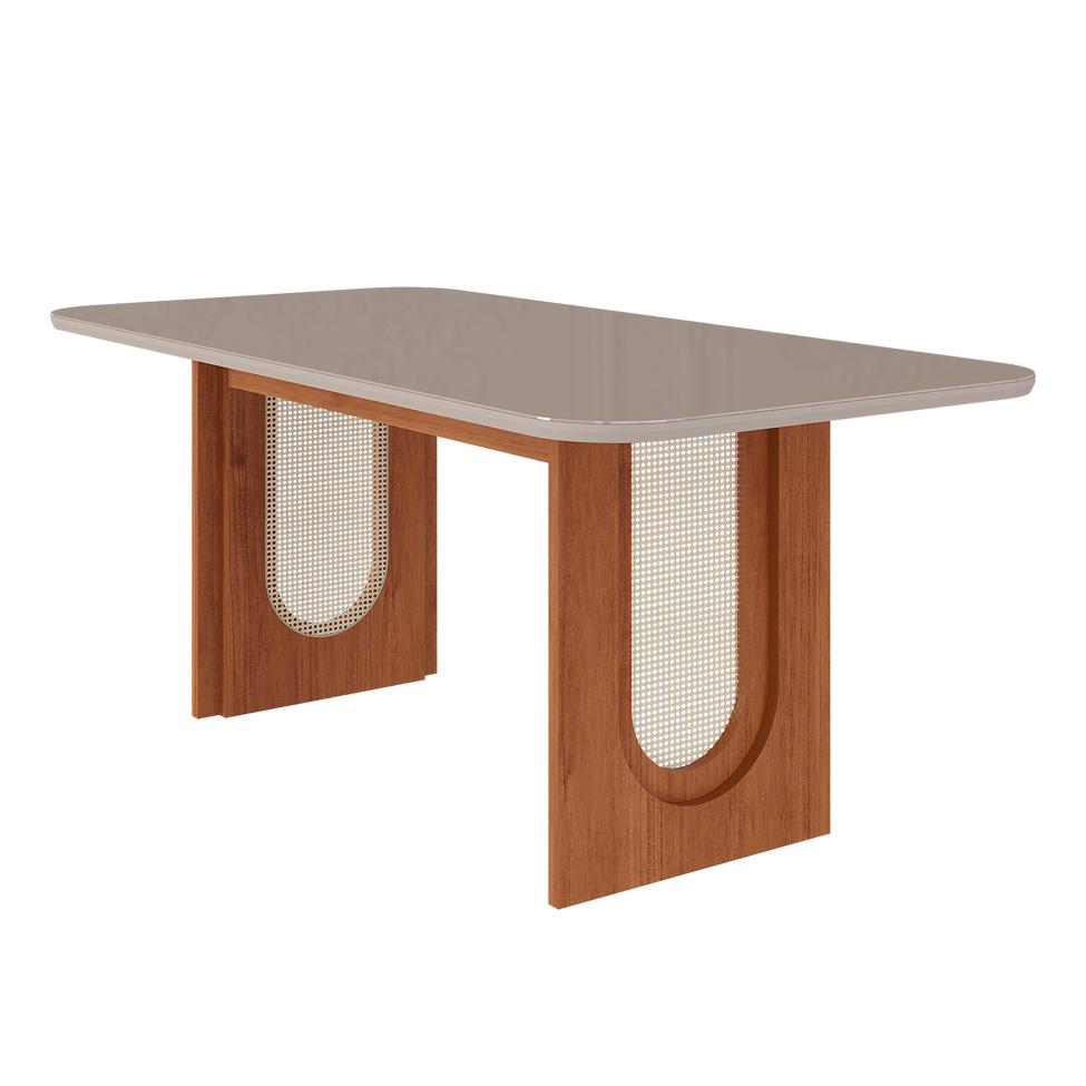 Conjunto de Mesa Retangular com Tampo de Vidro Off White Valentina e 6 Cadeiras Tais e Maia Suede Joli e Amadeirado