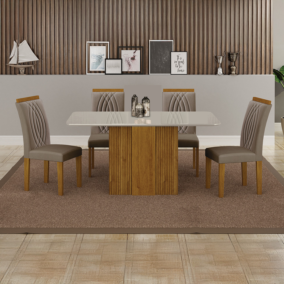 Conjunto de Mesa Retangular com Tampo de Vidro Off White e 4 Cadeiras Doha 100% MDF Veludo Bege e Freijó