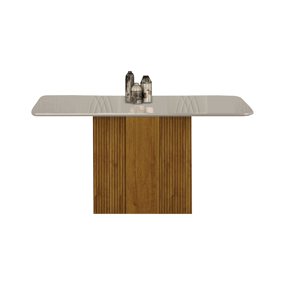 Conjunto de Mesa Retangular com Tampo de Vidro Off White e 4 Cadeiras Doha 100% MDF Veludo Bege e Freijó