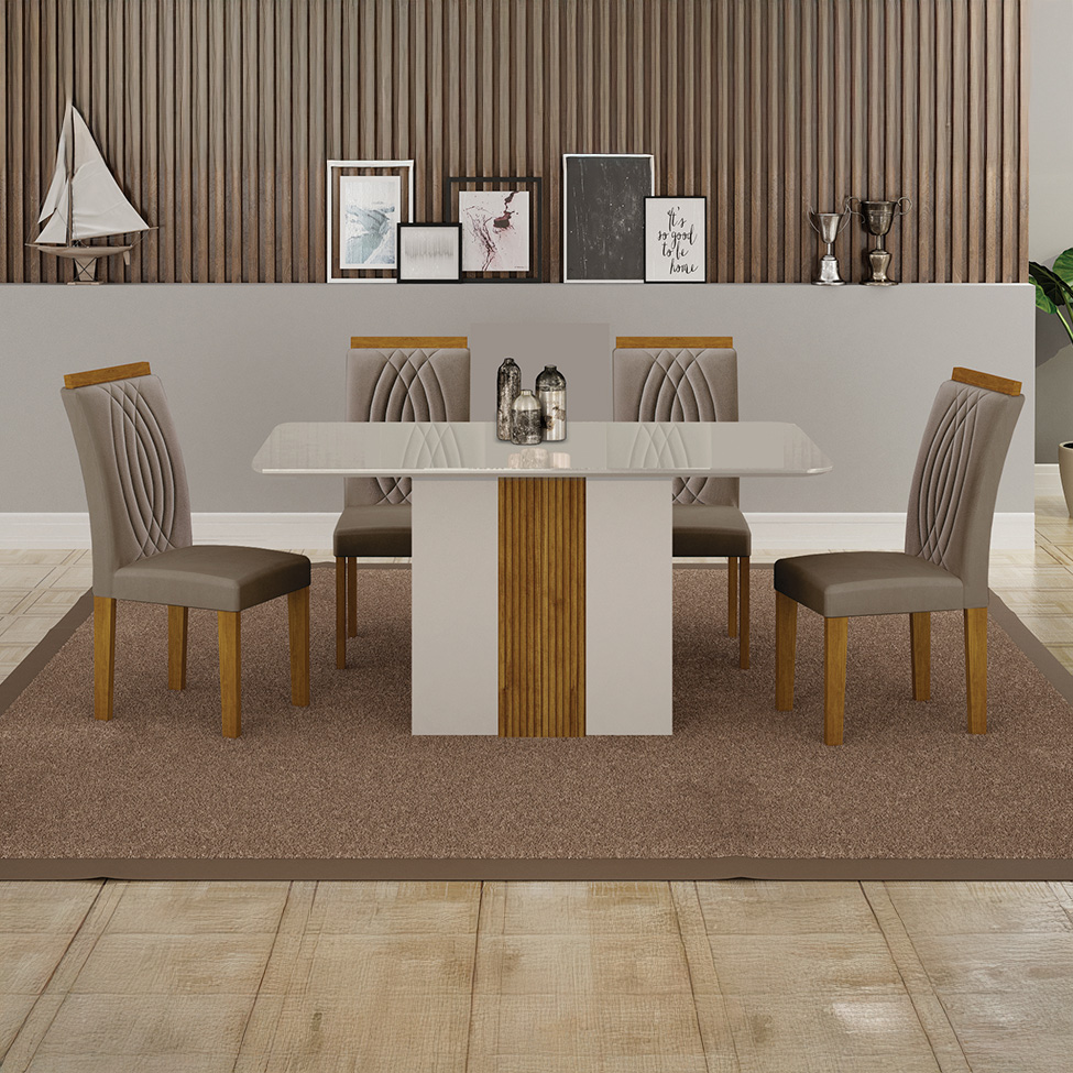 Conjunto de Mesa Retangular com Tampo de Vidro Off White e 4 Cadeiras Doha Veludo Bege
