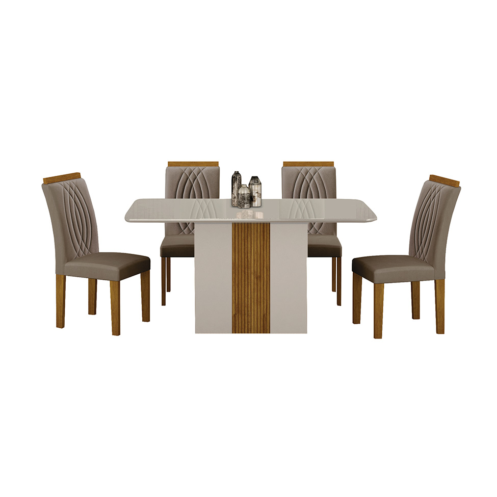 Conjunto de Mesa Retangular com Tampo de Vidro Off White e 4 Cadeiras Doha Veludo Bege