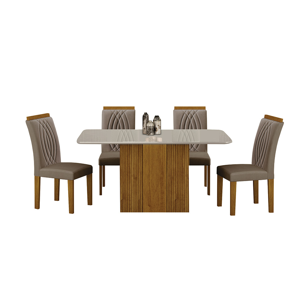 Conjunto de Mesa Retangular com Tampo de Vidro Off White e 4 Cadeiras Doha Veludo Bege e Freijó