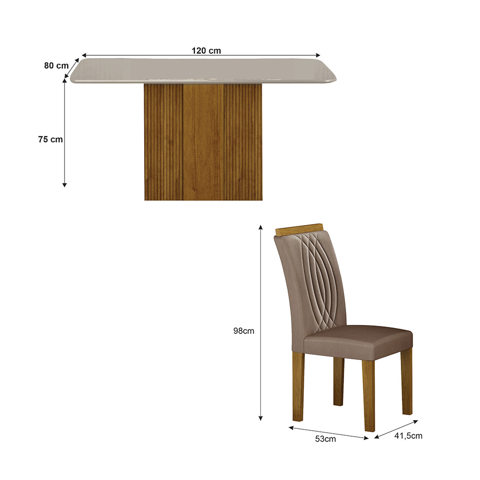Conjunto de Mesa Retangular com Tampo de Vidro Off White e 4 Cadeiras Doha Veludo Bege e Freijó