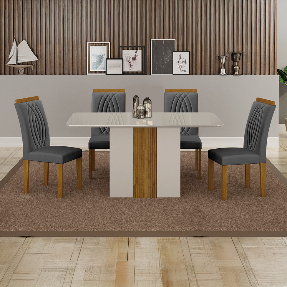 Conjunto de Mesa Retangular com Tampo de Vidro Off White e 4 Cadeiras Doha Veludo Chumbo