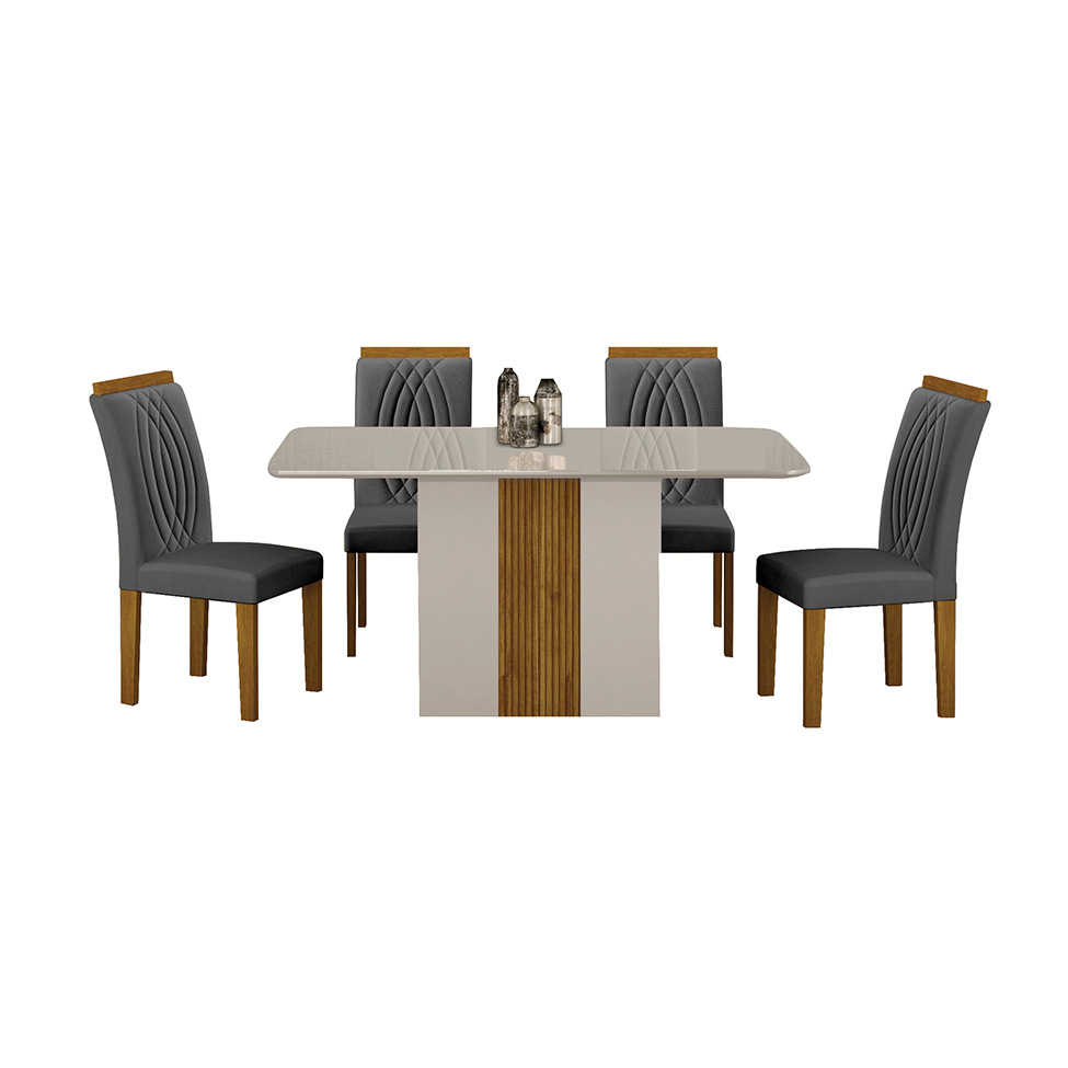 Conjunto de Mesa Retangular com Tampo de Vidro Off White e 4 Cadeiras Doha Veludo Chumbo