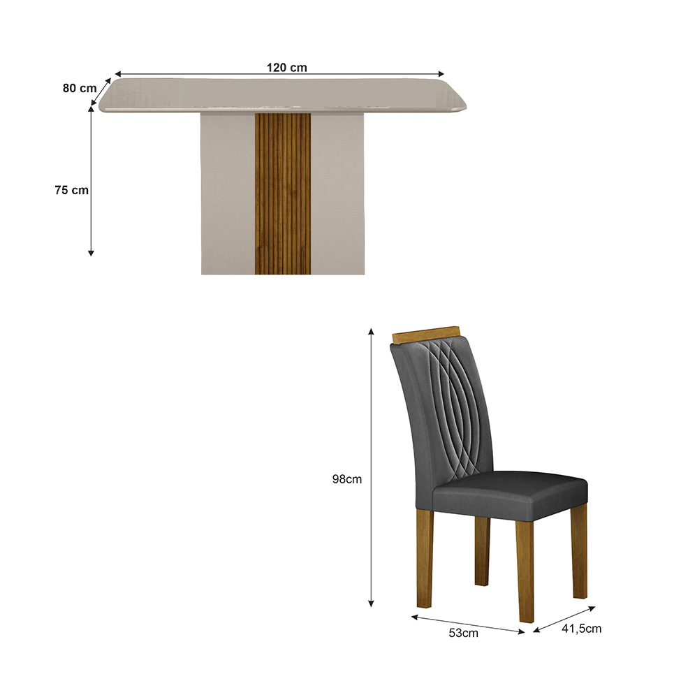 Conjunto de Mesa Retangular com Tampo de Vidro Off White e 4 Cadeiras Doha Veludo Chumbo
