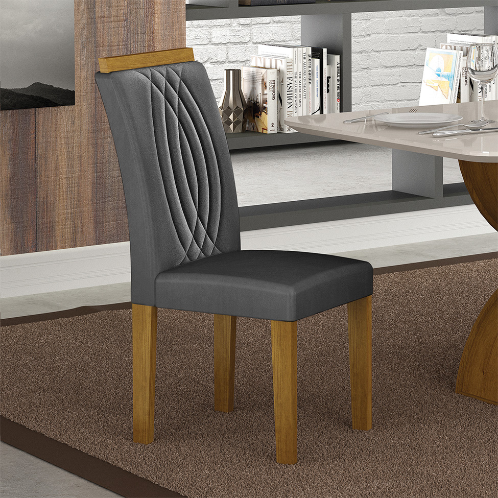 Conjunto de Mesa Retangular com Tampo de Vidro Off White e 4 Cadeiras Doha Veludo Chumbo
