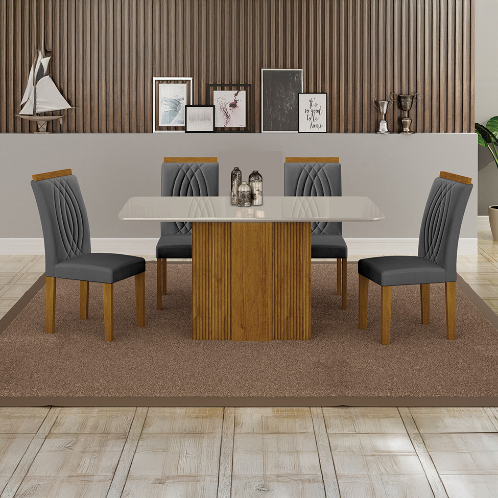 Conjunto de Mesa Retangular com Tampo de Vidro Off White e 4 Cadeiras Doha Veludo Chumbo e Freijó